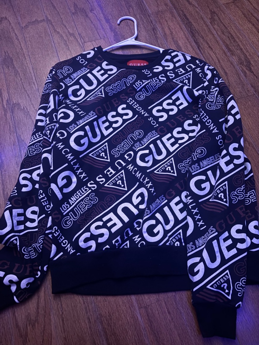GUESS Black and White Allover Logo Crewneck Sweater